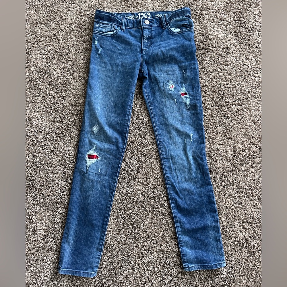 GAP Kids Blue Distressed Jeans with Red Patch Detail Size 10